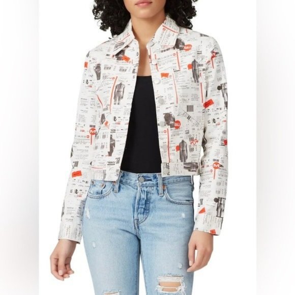 Miaou White Red Newsprint Denim cropped Jacket button front Lottery Ticket Multi - Picture 16 of 16